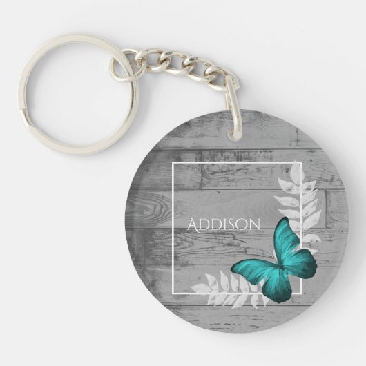 Blauwgroen Butterfly Rustic Personalized Sleutelha Sleutelhanger (Voorkant)