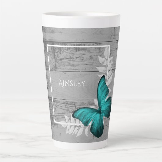 Blauwgroen Butterfly Rustic Persoonlijke latte Mok (Voorkant)
