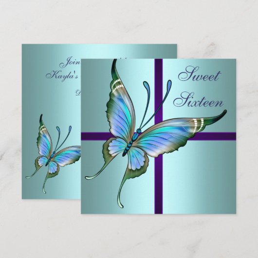 Blauwgroen Butterfly Sweet Sixteen Verjaardagsfees Kaart (Voorkant / Achterkant)