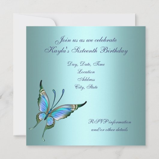 Blauwgroen Butterfly Sweet Sixteen Verjaardagsfees Kaart (Achterkant)