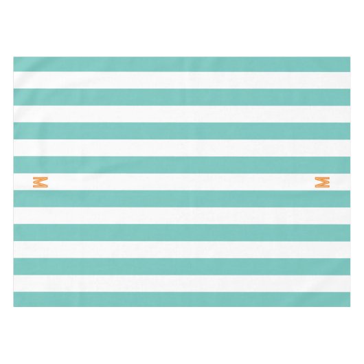 Blauwgroen Cabana Stripe & gepersonaliseerd Oranje Tafelkleed (Voorkant (Horizontaal))