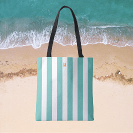 Blauwgroen Cabana Stripe & gepersonaliseerd Oranje Tote Bag