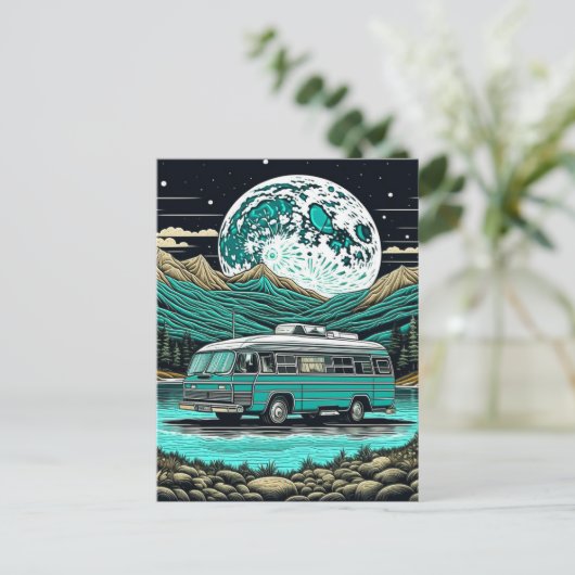 Blauwgroen camper in de bergen Retro Briefkaart (Staand voorkant)