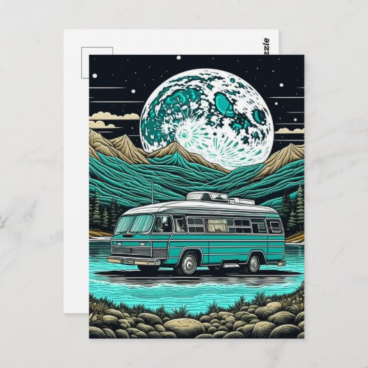 Blauwgroen camper in de bergen Retro Briefkaart (Voorkant / Achterkant)