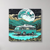 Blauwgroen camper in de bergen Retro Canvas Afdruk (Voorkant)