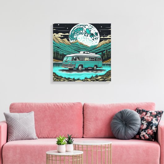 Blauwgroen camper in de bergen Retro Canvas Afdruk (Insitu (Woonkamer))