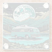 Blauwgroen  camper in de bergen Retro Glazen Onderzetter (Achterkant)