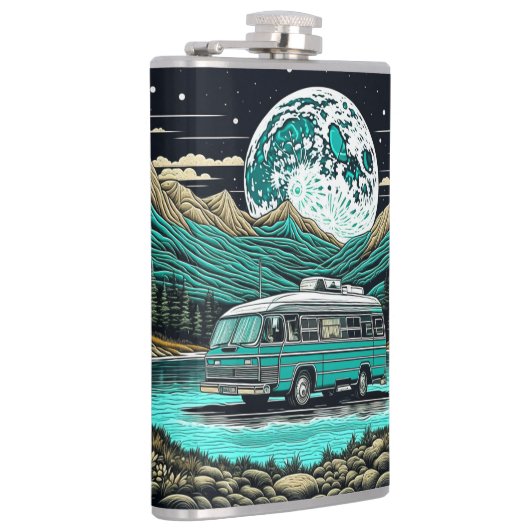 Blauwgroen  camper in de bergen Retro Heupfles (Rechts)