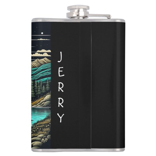 Blauwgroen  camper in de bergen Retro Heupfles (Achterkant)