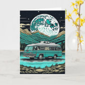 Blauwgroen  camper in de bergen Retro Kaart (Gele Bloem)