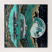 Blauwgroen  camper in de bergen Retro Legpuzzel (Horizontaal)