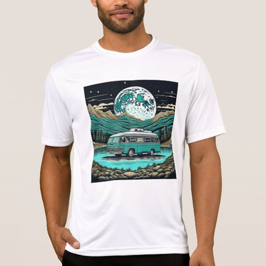 Blauwgroen camper in de bergen Retro T-shirt (Voorkant)