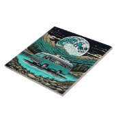 Blauwgroen  camper in de bergen Retro Tegeltje (Zijkant)