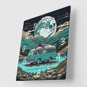 Blauwgroen camper in de bergen Retro Vierkante Klok (Hoek)