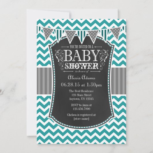 Blauwgroen Chalkboard Chevron Baby shower Invite Kaart (Voorkant)