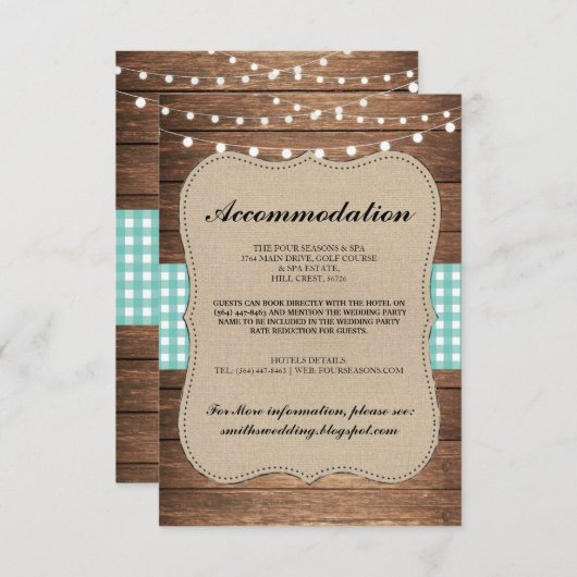 Blauwgroen Check Rustieke Accommodatie Hout Trouwk Informatiekaartje (Voorkant / Achterkant)