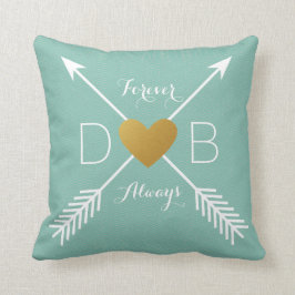 Blauwgroen Chevron Gold Heart White Arrows Initial Kussen