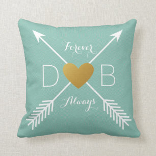 Blauwgroen Chevron Gold Heart White Arrows Initial Kussen