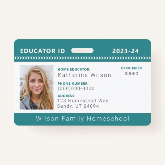 Blauwgroen Chevron Homeschool Educator ID Badge (Voorkant)