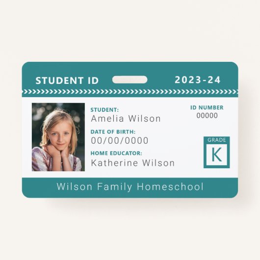 Blauwgroen Chevron Homeschool Student ID Badge (Voorkant)