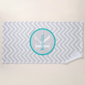 Blauwgroen Chevron Monogram Beach Towel Strandlaken (Voorkant)