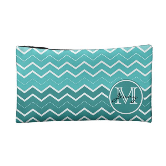Blauwgroen Chevron Monogram Cosmetica Tasje (Achterkant)