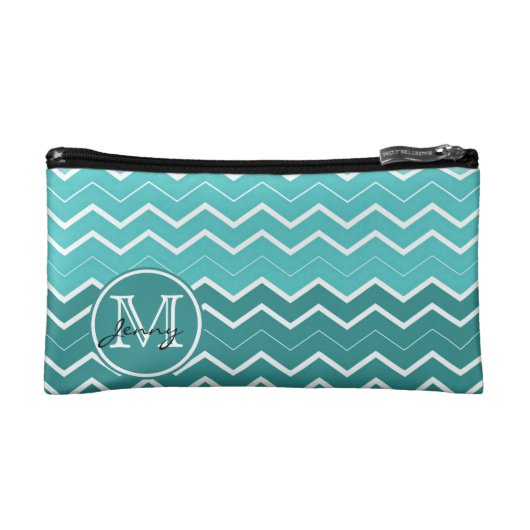 Blauwgroen Chevron Monogram Cosmetica Tasje (Voorkant)