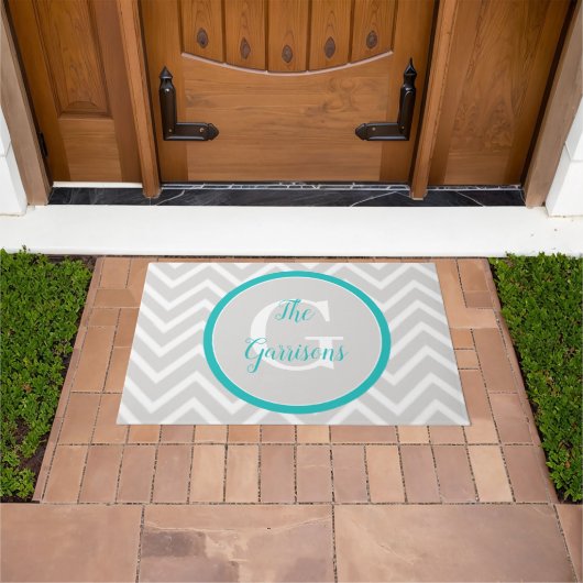 Blauwgroen Chevron Monogram Doormat Deurmat (Buiten)