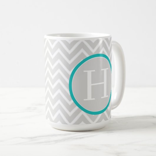 Blauwgroen Chevron Monogram koffie Mok (Voorkant rechts)
