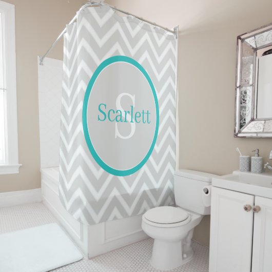 Blauwgroen Chevron Monogram Shower Curtain Douchegordijn (In situ)