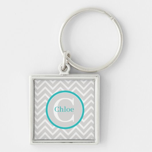 Blauwgroen Chevron Monogram Sleutelhanger (Voorkant)