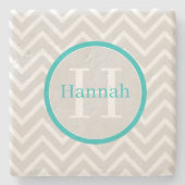 Blauwgroen Chevron Monogram Stone Onderzetter (Voorkant)