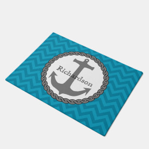 Blauwgroen Chevron Nautical Anchor Persoonlijk Deurmat