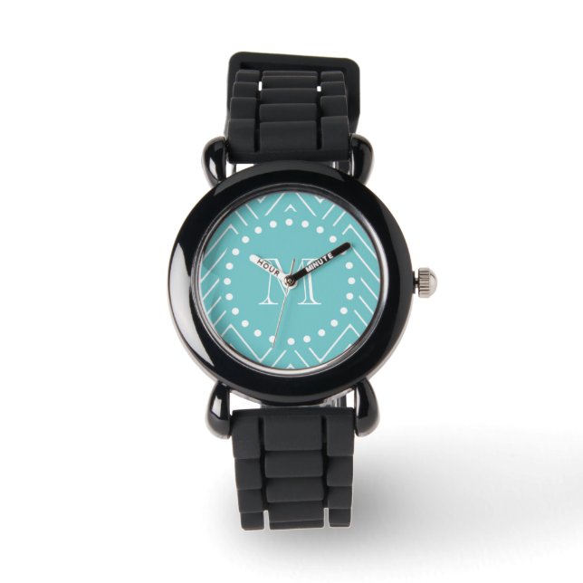 Blauwgroen Chevron Pattern | Blauwgroen monogram Horloge (Voorkant)