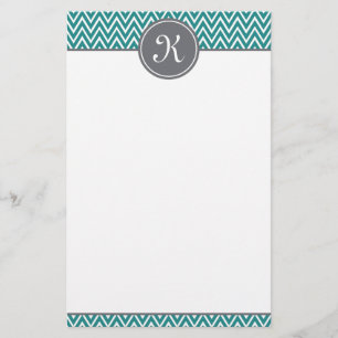 Blauwgroen Chevron Pattern Gray Monogram Briefpapier