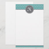 Blauwgroen Chevron Pattern Gray Monogram Briefpapier (Voorkant / Achterkant)