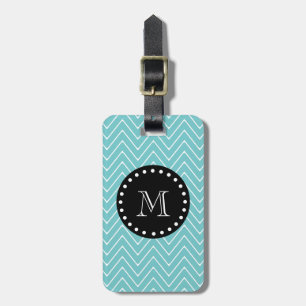 Blauwgroen Chevron Pattern Zwart monogram Bagagelabel