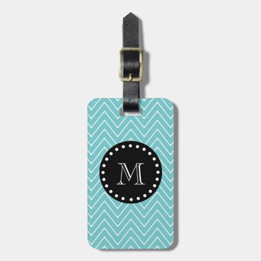 Blauwgroen Chevron Pattern | Zwart monogram Bagagelabel (Voorkant verticaal)