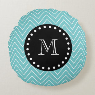 Blauwgroen Chevron Pattern Zwart monogram Rond Kussen