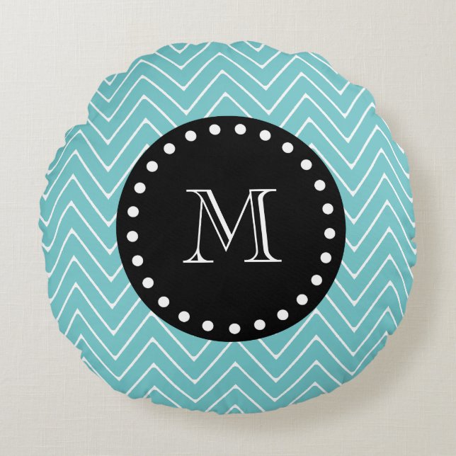 Blauwgroen Chevron Pattern | Zwart monogram Rond Kussen (Voorkant)