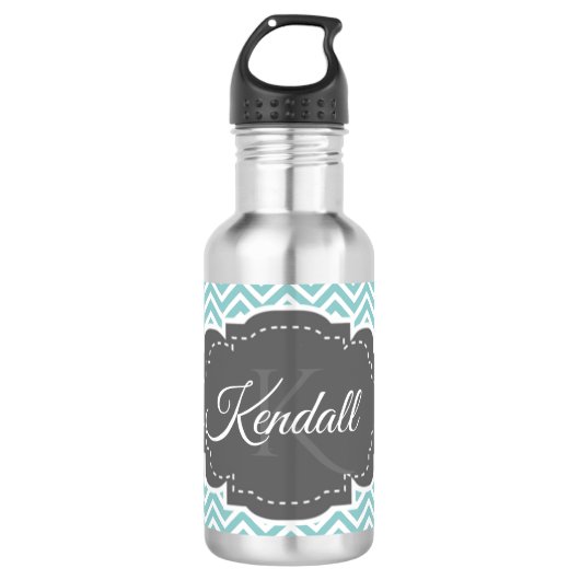 Blauwgroen Chevron Personaliseerd Waterfles (Voorkant)