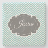 Blauwgroen Chevron Personalized Stone Onderzetter (Voorkant)