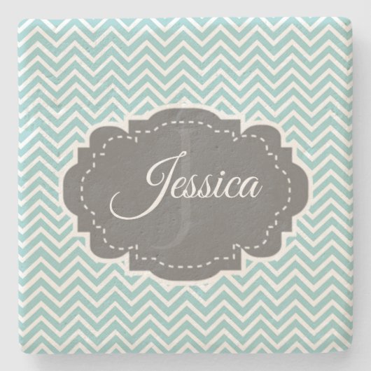 Blauwgroen Chevron Personalized Stone Onderzetter (Voorkant)