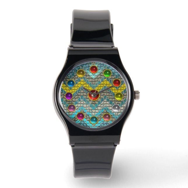 Blauwgroen CHEVRONEN MET GEEL GEMOLIE GEMSTONES Horloge (Voorkant)