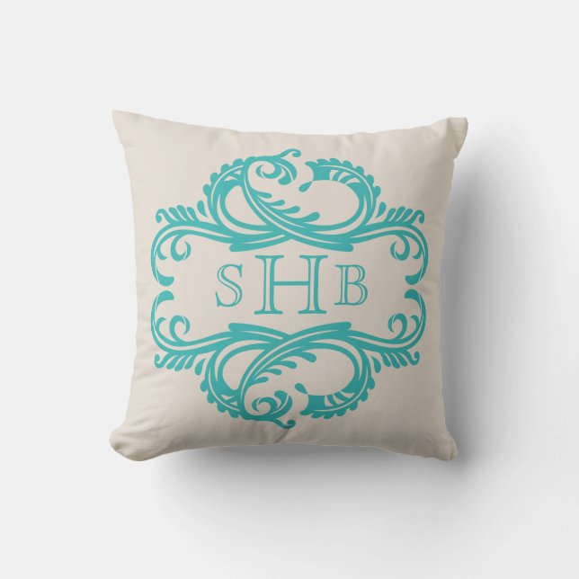 Blauwgroen Chic Damask Monogram Pillow Kussen (Voorkant)