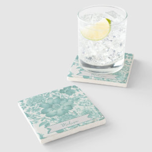 Blauwgroen Chinoiserie Bloemen gepersonaliseerd Stenen Onderzetter