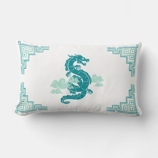 Blauwgroen Chinoiserie Dragon & Clouds Kussen (Voorkant)
