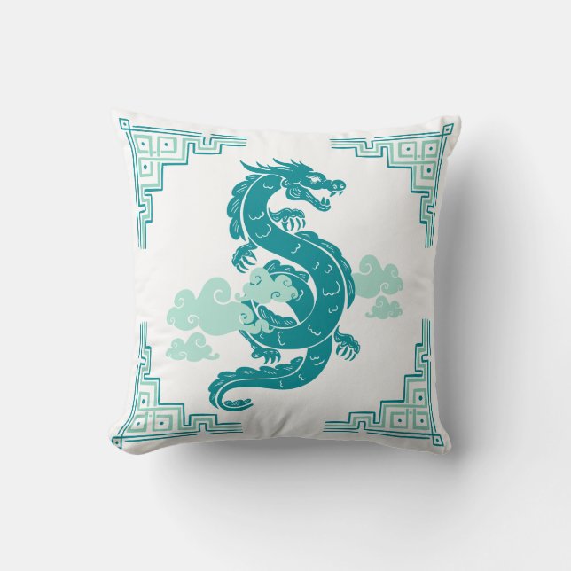 Blauwgroen Chinoiserie Dragon & Clouds Kussen (Voorkant)