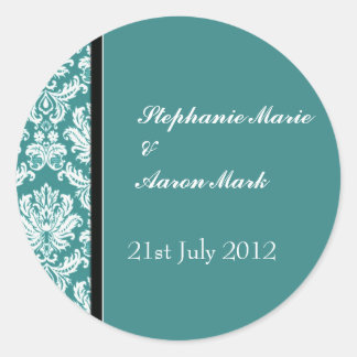 Blauwgroen Classic Damask Wedding Label Sticker