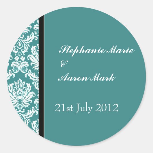 Blauwgroen Classic Damask Wedding Label Sticker (Voorkant)